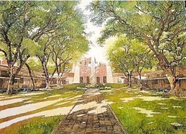  ?? ?? This painting of the high school quadrangle by Jano Eustaquio is open for online bidding at Fine Art Philippine­s with all proceeds to go to the family of slain security guard Jeneven Bandiala.