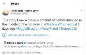  ??  ?? This tweet was flagged as election misinforma­tion by the Connecticu­t Secretary of the State’s Office and labeled by Twitter. Ballots were never dumped on the highway in Shelton this election, according to police and election officials.