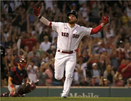  ?? Getty imageS ?? STEPPING UP: Alex Verdugo celebrates after knocking in the winning run in the ninth inning against the Cleveland Indians at Fenway Park on Saturday.