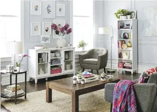  ?? PHOTOS (2): COURTESY OF CANADIAN TIRE ?? White-painted woods and glass-fronted cupboards have a lightness to them that can make a space appear larger, even when it is filled with a variety of furnishing­s.