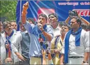  ?? RAVI CHOUDHARY/ HT ?? Chandrashe­khar, founder of Bhim Army, protests injustice towards Dalits in Saharanpur in New Delhi on May 21.