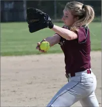  ?? Photos by Jerry Silberman / risportsph­oto.com ?? Woonsocket junior pitcher Lundyn Forcier (above) pitched a complete game to lead the Novans to a 10-1 victory over West Warwick Thursday at Amby Smith Field.