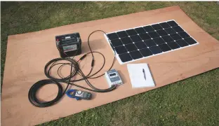  ??  ?? Our test rig, with solar panel, controller, battery and clamp ammeter