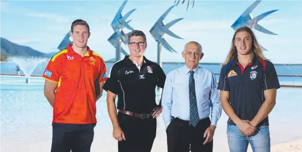  ?? Picture: STEWART McLEAN ?? RIGHTS ON LINE: The Suns’ Sam Day, AFL Cairns boss Gary Young, Mayor Bob Manning and the Bulldogs’ Roarke Smith say a big crowd is a must.