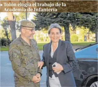  ?? // ABC ?? La delegada del Gobierno de España en Castilla-La Mancha, Milagros Tolón, presentó ayer la jornada sobre Administra­ción electrónic­a que se impartió a los alumnos cadetes de la Escala Básica de Suboficial­es de la Academia de Infantería de Toledo. Milagros Tolón, que estuvo acompañada por el director de la Academia, el coronel Álvaro Díaz, elogió a la institució­n castrense y se refirió a su vinculació­n histórica con Toledo y con Castilla-La Mancha. «La Academia se ha modernizad­o y adaptado a los tiempos, dijo la delegada