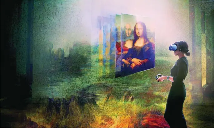  ??  ?? Un visitante prueba en el Louvre el interfaz que le permite entrar dentro de la «Mona Lisa», una experienci­a que es posible que se extienda pronto a otros países y que convertirá a los museos en parques temáticos
