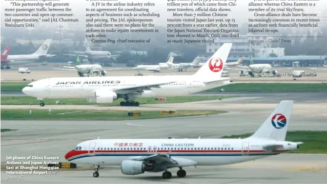  ?? File photo: IC ?? Jet planes of China Eastern Airlines and Japan Airlines taxi at Shanghai Hongqiao Internatio­nal Airport.