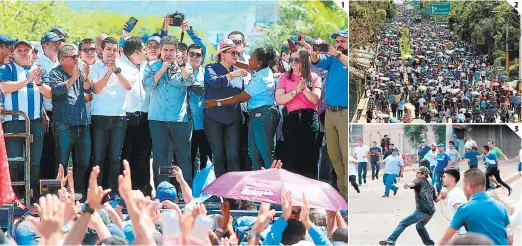  ?? FOTOS: EL HERALDO ?? (1) El presidente Juan Orlando Hernández agradeció al nacionalis­mo el apoyo brindado. (2) La multitudin­aria marcha comenzó pasadas las 8:00 AM por el bulevar Suyapa. (3) Simpatizan­tes del Partido Nacional recibieron la ira de algunas personas, que los amenazaron con armas.