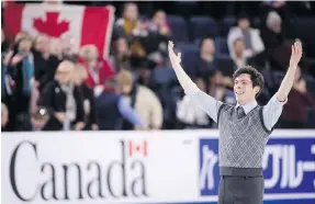  ?? PAUL CHIASSON/THE CANADIAN PRESS ?? Keegan Messing reacts following his short program in men’s competitio­n at Skate Canada Internatio­nal in Laval, Que., on Friday.