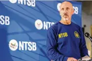  ?? THE DALLAS MORNING NEWS VIA AP ?? NTSB member Michael Graham speaks at the Dallas Executive Airport on Sunday. He said investigat­ors are analyzing radar and video footage to pinpoint the exact location of the collision.