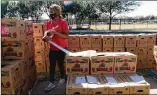  ?? ILANA PANICHLINS­MAN/ NEW YORK TIMES ?? Treasure Diopka labels produce boxes being given out Feb. 3 in Austin, Texas. The economy continues to slowly rebound, data shows.