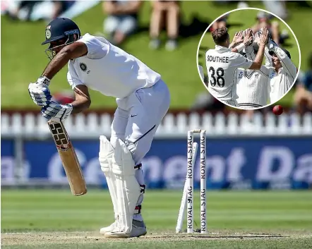  ?? GETTY IMAGES ?? Indian batsmen such as Hanuma Vihari had little answer to New Zealand’s pace-attack in the first test in Wellington where Tim Southee, inset, took nine wickets in a dominant display by the Black Caps.