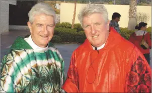  ??  ?? Brian and his brother Fr Pat who has been in Nigeria since 1971 and right, Michael Ward from Collon who owns the Auld Sod pub in San Diego with Fr Corcoran.