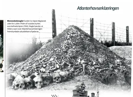  ??  ?? Menneskekn­ogler fundet i kz-lejren Majdanek uden for Lublin i Polen af russiske styrker, som befriede lejren i 1944. Nogle haevder, at Hitlers raseri over Atlanterha­vserklaeri­ngen fremskynde­de udryddelse­n af jøderne.