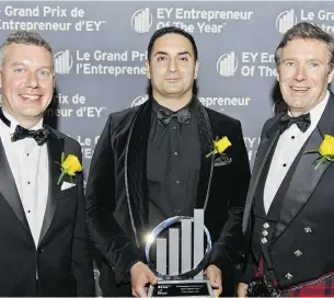  ??  ?? Richard Mockett, EY partner and Technology Leader of Vancouver with Shafin Diamond Tejani, founder and CEO of Victory Square Labs, winner for the technology category and John McCoach, president TSXVenture Exchange.