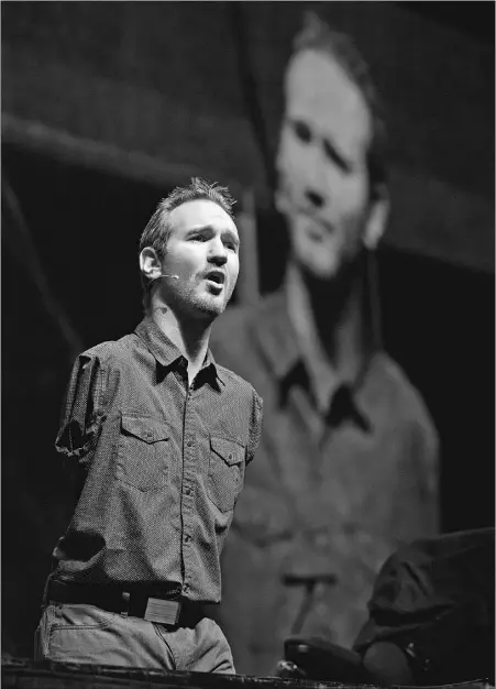  ?? Photos by Jason Franson, The Journal ?? Nick Vujicic speaks during Break Forth 2012 at the Shaw Conference Centre on Sunday. As many as 15,000 people from
more than 1,000 churches gathered for the Break Forth conference.