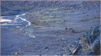  ?? (AP/Matthias Schrader) ?? A group passes a dried out glacier bed Sept. 6 at the Jamtalfern­er Glacier near Galtuer, Austria.