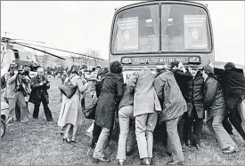  ??  ?? Margaret Thatcher in London, in 1983, main; her coach gets stuck in mud during 1979 election campaignin­g in Buckie, above; and being grilled by Kirsty Wark in 1990, left