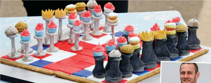  ??  ?? Chess and crackers: Steven’s colourful creation, which also featured tiny cakes, was a winner with the Bake Off judges