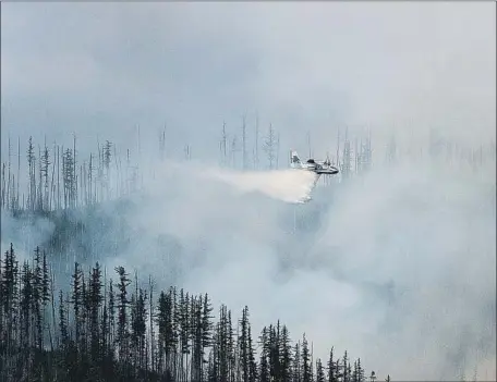  ?? Chris Peterson Hungry Horse News ?? AN AIR TANKER drops water on a wildfire in Montana’s Glacier National Park on Sunday. Montana had a slow start to this year’s fire season, but triple-digit temperatur­es and lightning from passing thundersto­rms in recent days paved the way for several large blazes.