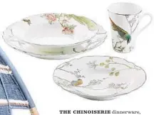  ??  ?? THE CHINOISERI­E dinnerware, starting at $14.95 per piece, is meant to feel like using fine china every day.