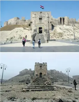  ??  ?? Then and now: the ancient Citadel is intact, but its surroundin­gs have been pounded.