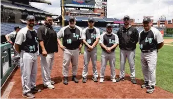  ?? PHOTO IS COURTESY OF PAUL BOGOSIAN/CARPENTER CUP COMMITTEE ?? The Lehigh Valley Carpenter Cup coaching staff from left, Cody Weiss, Jordan Hildabrant, general manager Joe Pirro, Evan Marushak, Tom Plessl, Jeremy Gigliotti and field manager Ted Plessl. Missing from photo Joe Candelmo (warming up pitcher in Citizens Bank Park bullpen).