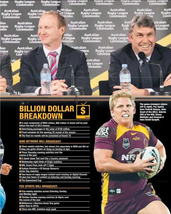  ??  ?? The game-changers (above left to right), Fox Sports boss Patrick Delany, John Grant of the ARLC, Interim CEO of the NRL Shane Mattiske and Channel 9 boss David Gyngell.