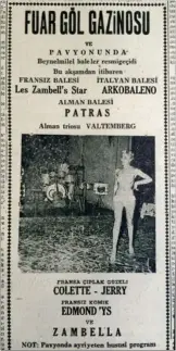  ??  ?? İzmir Fuarı Göl Gazinosu’nda Fransız striptizci Colette’in şovu da vardı (üstte). Nehar Tüblek bir karikatürü­nde Colette ve striptiz konusunu işlemişti (karşı sayfada).