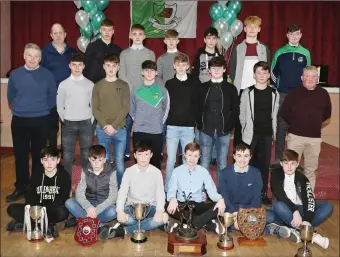  ??  ?? The U14 County and Féile Peile na nÓg All Ireland winning Kanturk team pictured with their Coaches and Mentors John Moylan, Tadghie Browne and Noelie Carroll at the Kanturk Juvenile GAA Social in the Edel Quinn Hall.
Photos by Sheila Fitzgerald