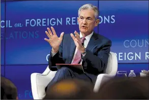  ?? AP/RICHARD DREW ?? “The crosscurre­nts have re-emerged,” Federal Reserve Chairman Jerome Powell said Tuesday as he spoke about the U.S. economic outlook at the Council on Foreign Relations in New York.