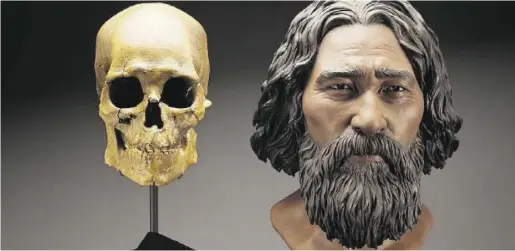  ?? Amanda Danning / Brittney Tatchell/Smithsonia­nInstituti­on ?? A clay facial reconstruc­tion of Kennewick Man, or The Ancient One. DNA analysis shows him to be Native American.