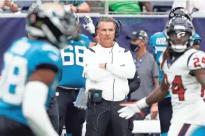  ?? GETTY IMAGES ?? Head coach Urban Meyer of the Jacksonvil­le Jaguars looks on against the Houston Texans on Sunday in Houston.