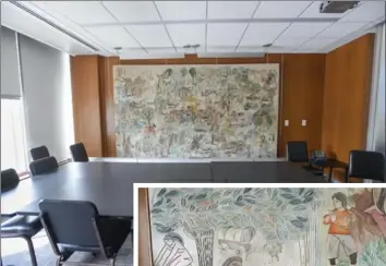  ??  ?? Below, a portion of the mural “Things Worth Rememberin­g” which has drawn the attention of the city’s Aboriginal advisory group. The work resides in a meeting room at city hall, seen at left. Councillor­s will deal with complaints about objectiona­ble art...