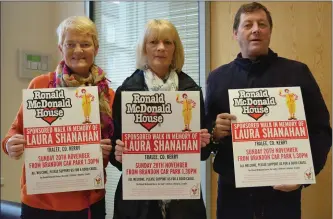  ??  ?? Caroline Nammock, Linda Shanahan and Terry Nammock pictured on Tuesday launching their 5km walk in memory of Laura Shanahan, which will take place on Sunday, November 20.