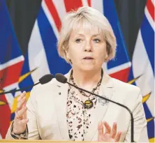  ?? DON CRAIG/PROVINCE OF BRITISH COLUMBIA ?? Provincial health officer Dr. Bonnie Henry says there are many factors to consider when determinin­g a reopening plan, and vaccine rates are not the only one officials use.