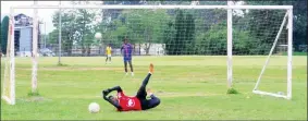  ?? ?? Swallows goalkeeper Qiniso Nyawo makes a save during training.