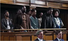  ??  ?? Front row of witness box, from left, Darcus Howe (Malachi Kirby), Altheia Jones-LeCointe (Letitia Wright), Frank Crichlow (Shaun Parkes), Barbara Beese (Rochenda Sandall) in Steve McQueen’s Mangrove. Photograph: Kieron McCarron/BBC/McQueen Limited