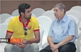  ?? — ASIAN AGE ?? Cricketer R. Ashwin and former BCCI president N. Srinivasan interact at the Tamil Nadu Premier League player draft in Chennai on Thursday.
