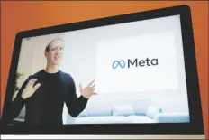  ?? SEEN ON THE SCREEN OF A DEVICE ERIC RISBERG/AP ?? in Sausalito, Calif., Facebook CEO Mark Zuckerberg announces their new name, Meta, during a virtual event on Thursday.