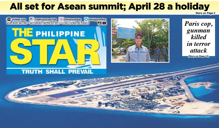  ?? AP ?? Chinese structures and an airstrip on Zamora or Subi Reef in the Spratly islands in the South China Sea are seen from a Philippine Air Force C-130 transport plane yesterday. Inset shows Defense Secretary Delfin Lorenzana touring Pag-asa Island near the...