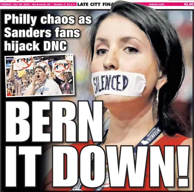  ??  ?? Sanders delegates, livid at e-mail leaks that show how the DNC favored Hillary Clinton, shouted down speakers during the first day of the convention.