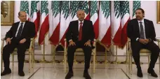  ??  ?? Lebanese president Michel Aoun, left, prime minister Saad Hariri, right, and parliament speaker Nabih Berri in Baadba