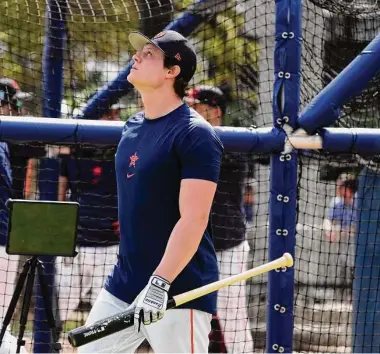  ?? Karen Warren/Staff photograph­er ?? Astros outfielder Jake Meyers has been hit with three pitch clock violations, all of them for different delays.