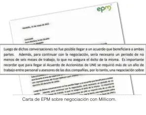  ?? ?? Carta de EPM sobre negociació­n con Millicom.