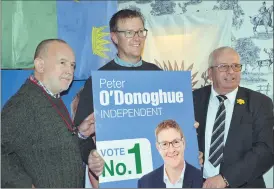 ?? (Pic: John Ahern) ?? PETER EYES COUNCIL SEAT: Diarmuid Ó Cadhla and Mattie McGrath T.D., at Peter O’Donoghue’s campaign launch in The Corbett Court, Kilworth last Friday evening.