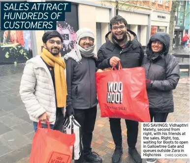  ?? CHRIS GORDON ?? BIG SAVINGS: Vidhapthri Matety, second from right, with his friends at the sales. Right, top, waiting for Boots to open in Gallowtree Gate and queues outside Zara in Highcross