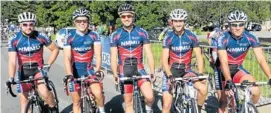  ??  ?? LOCAL HOPES: Shukuma-NMMU riders (from left) Phillip Erasmus, Gerrit Nel, Wesley Augustyn (captain), Marinus Prinsloo and Waldo Gronum will represent the host university at the Bestmed USSA Cycling Championsh­ip in Port Elizabeth from June 25 to 28