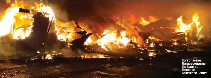  ??  ?? Horror scene: Flames consume the barn at Elmwood Equestrian Centre