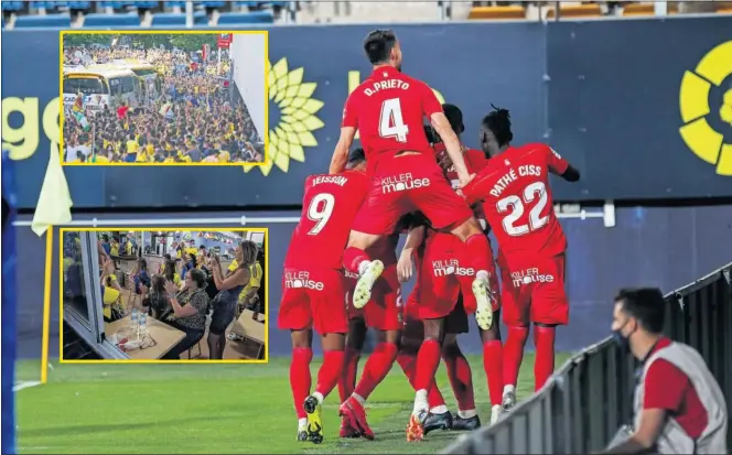  ??  ?? La afición del Cádiz recibió al equipo al llegar al estadio y se reunió en los bares de la zona, pero Fraile y sus compañeros impidieron que los andaluces celebraran el ascenso.